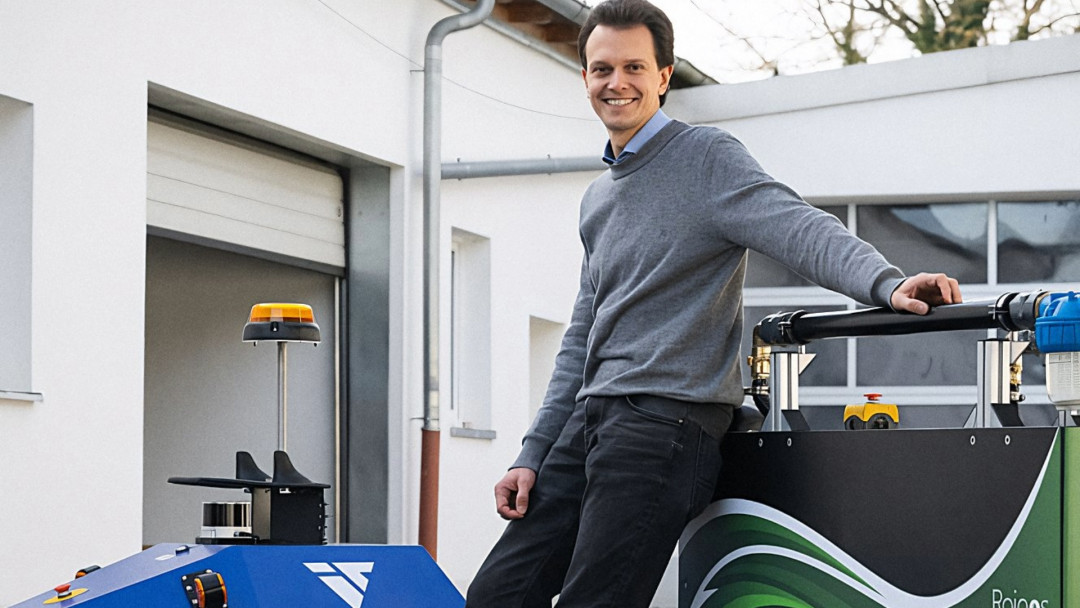 Innok Robotics Gründer und CEO Alwin Heerklotz zwischen dem Transportroboter Induros und dem Gießroboter Rainos - © Innok Robotics Innok Robotics Gründer und CEO Alwin Heerklotz zwischen dem Transportroboter Induros und dem Gießroboter Rainos - © Innok Robotics