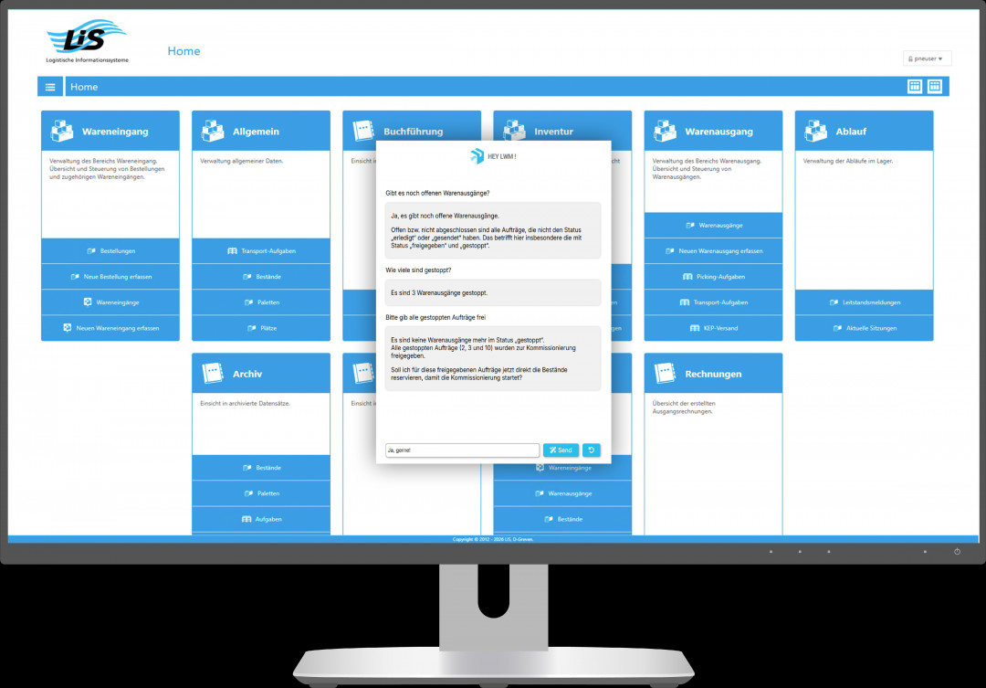 Der KI-Sprachassistent im LIS Warehouse Management System LWM beantwortet Abfragen zu offenen Warenausgängen in natürlicher Sprache und unterstützt Mitarbeitende bei der schnellen Freigabe und Bestandsreservierung – direkt auf Basis von Echtzeitdaten. - Bild: LIS GmbH