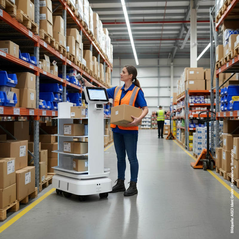Autonome Mobile Roboter (AMR) unterstützen Lagermitarbeiter bei der Kommissionierung und steigern die Effizienz von Lagerprozessen. - Bild: Aisci Ident GmbH | KI-generierte Illustration)